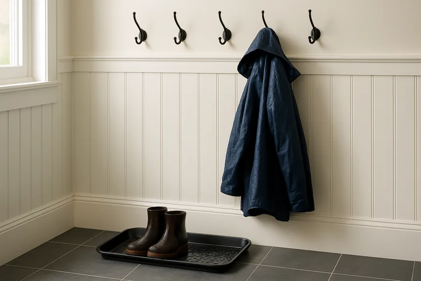 Close up of a modern mudroom wall with white beadboard wainscot, matte black steel hooks holding a wet navy coat, and a slate gray porcelain tile floor with a boot tray