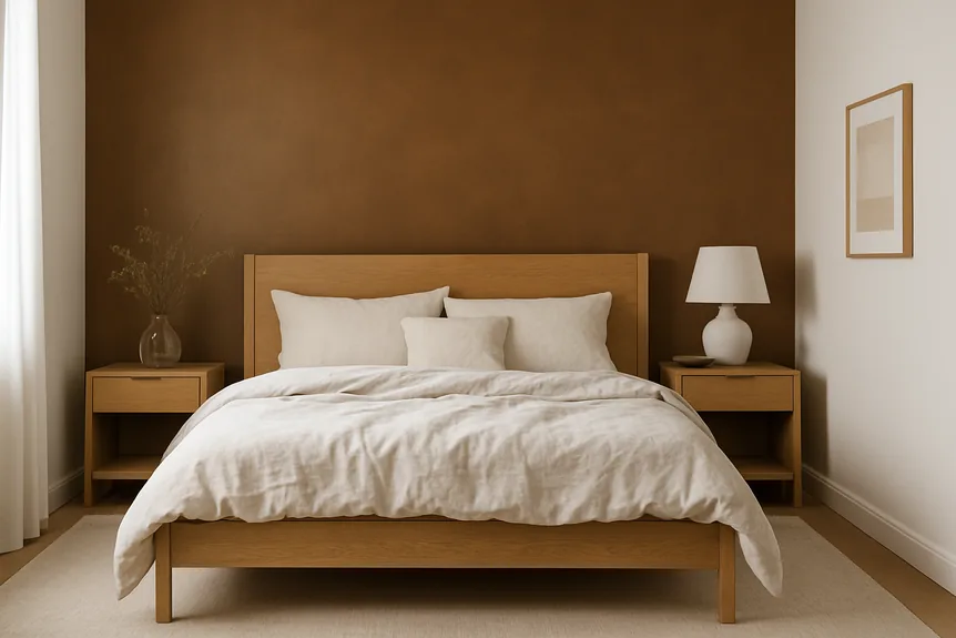 Deep bronze accent wall behind a white oak bed in a modern master bedroom, white side walls, linen bedding