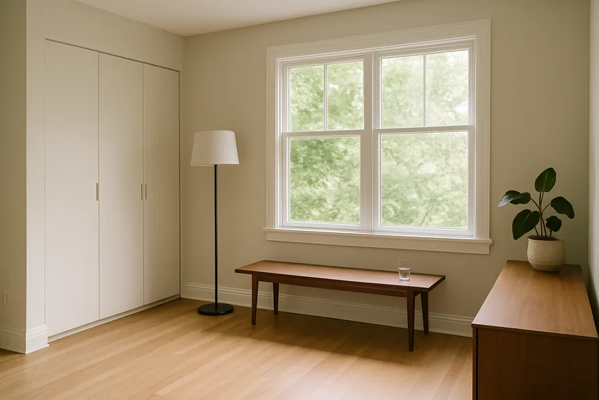 Low walnut bench on slim tapered legs beneath a large picture window in an open plan room
