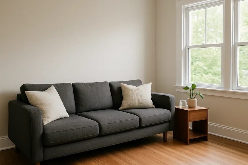 Pale greige painted wall above a charcoal wool sofa and walnut side table in a condo living room