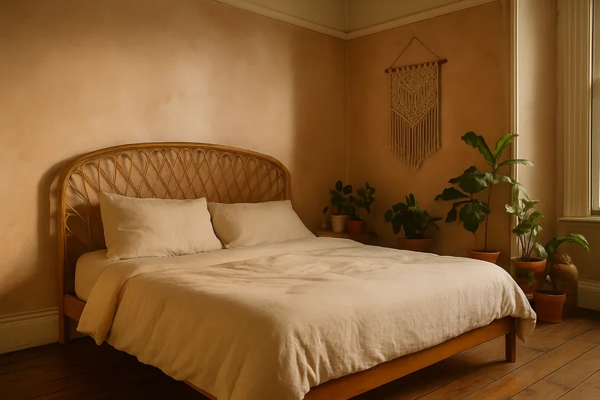 Rattan headboard queen bed with a low hardwood frame and cream linen bedding in a boho bedroom