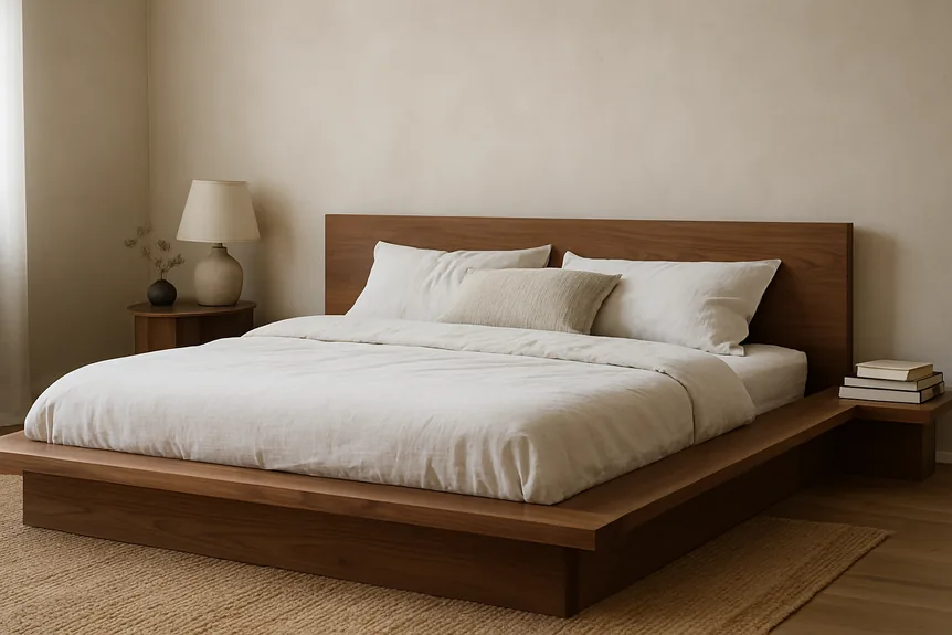 Solid walnut low platform bed frame with wide side rails against a plaster wall in a calm bedroom