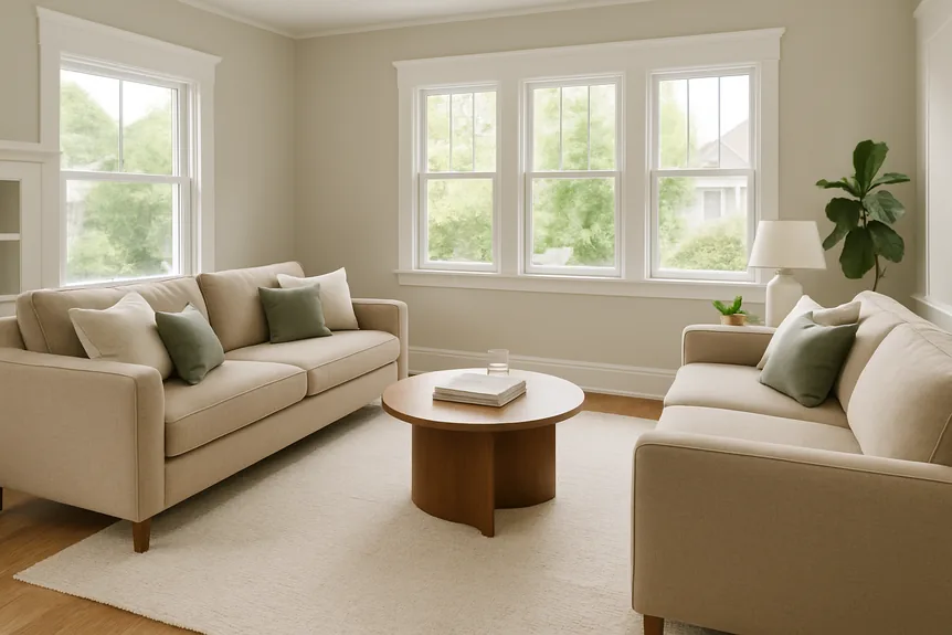 Two matching sand colored sofas facing each other over a cream wool rug in an open plan living room