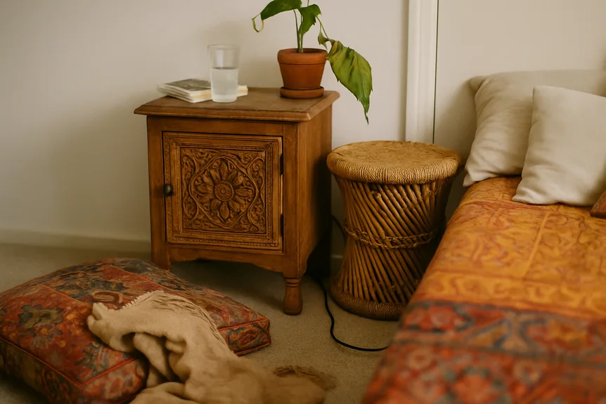 Carved teak nightstand beside a low woven stool used as a second bedside table in a bohemian bedroom