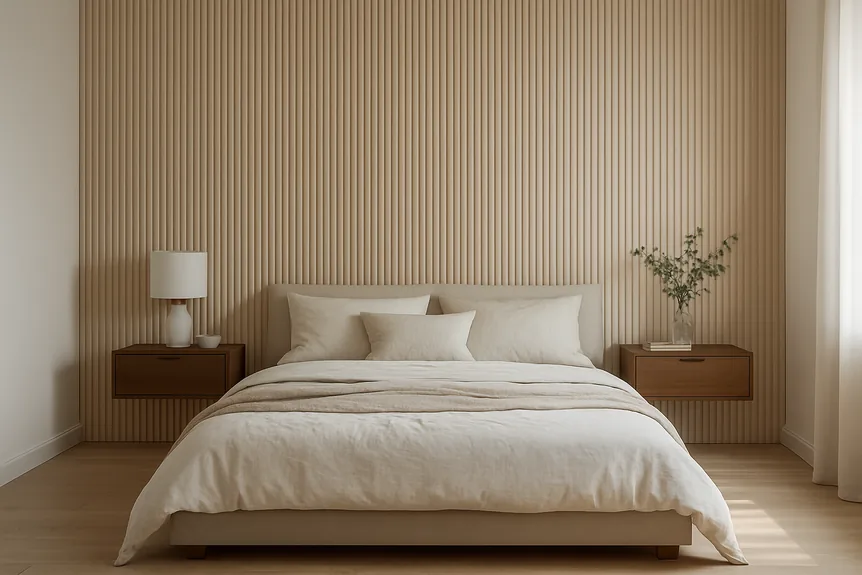 Fluted white oak headboard wall with floating walnut nightstands in a modern master bedroom, low bed, neutral bedding