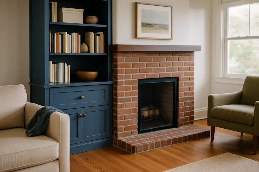 Navy blue painted built in bookcase flanking a brick fireplace in a craftsman bungalow living room