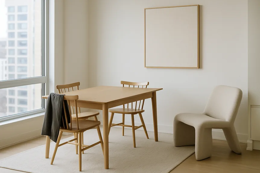 Nordic minimalist dining corner with an ash table, spindle back chairs and a pale wool rug