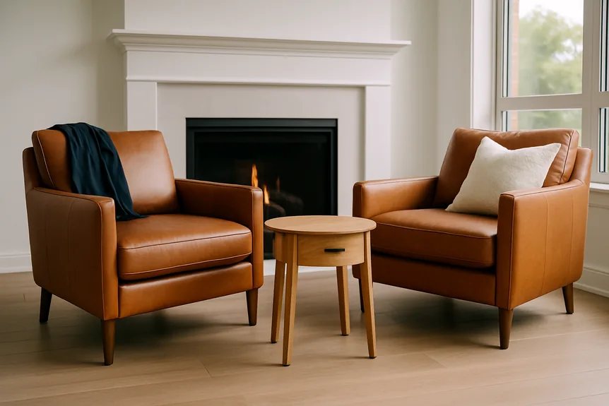 Pair of cognac leather armchairs angled toward a fireplace with a small oak side table between them
