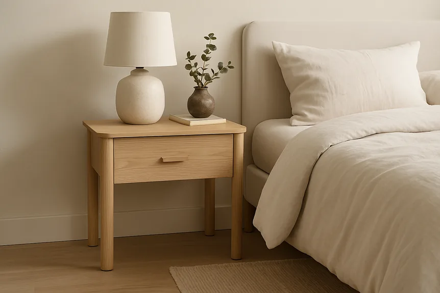 Single drawer ash nightstand at mattress height beside a linen covered bed in a pale bedroom