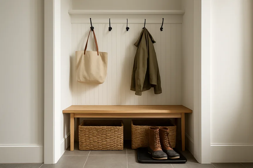 Small modern mudroom nook in a converted reach in closet with a slim oak bench, two woven baskets, black hooks on white beadboard, and a boot tray on gray tile