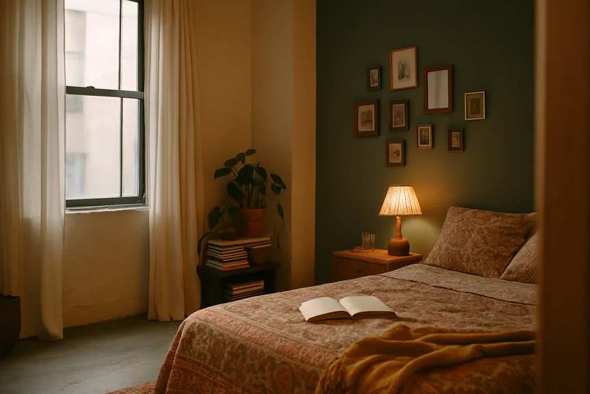 Floor length unlined linen curtains in warm white beside a block print quilt in a bohemian bedroom