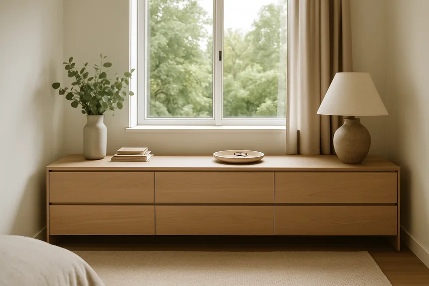Long low white oak dresser with push to open fronts under a window in a quiet bedroom