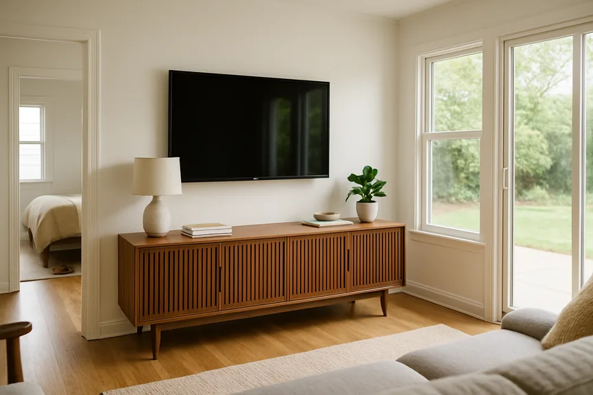 Low walnut credenza with slatted doors under a wall mounted television in a mid century living room