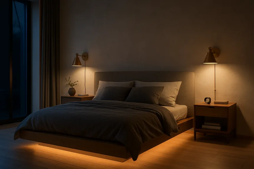 Modern master bedroom at night with brass wall sconces over both nightstands and a warm LED strip under the floating bed