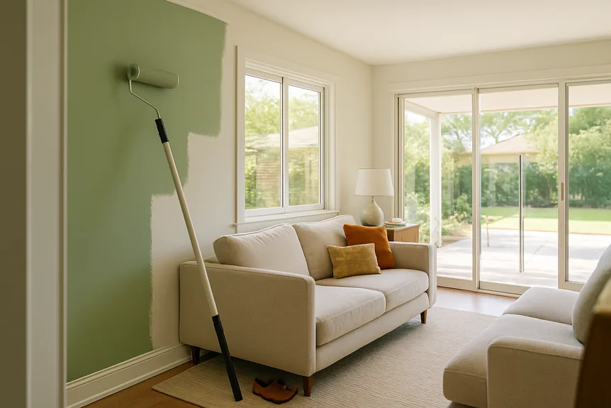 Roller spreading sage green paint over a primed drywall living room wall beside white window casing
