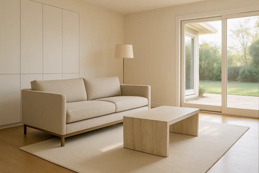 Slim armed sofa in oatmeal linen on a raised plinth facing a travertine coffee table