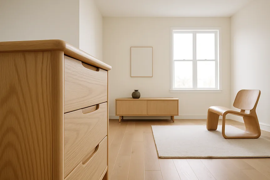 Close view of a dovetailed drawer corner on a solid ash dresser with softly eased edges