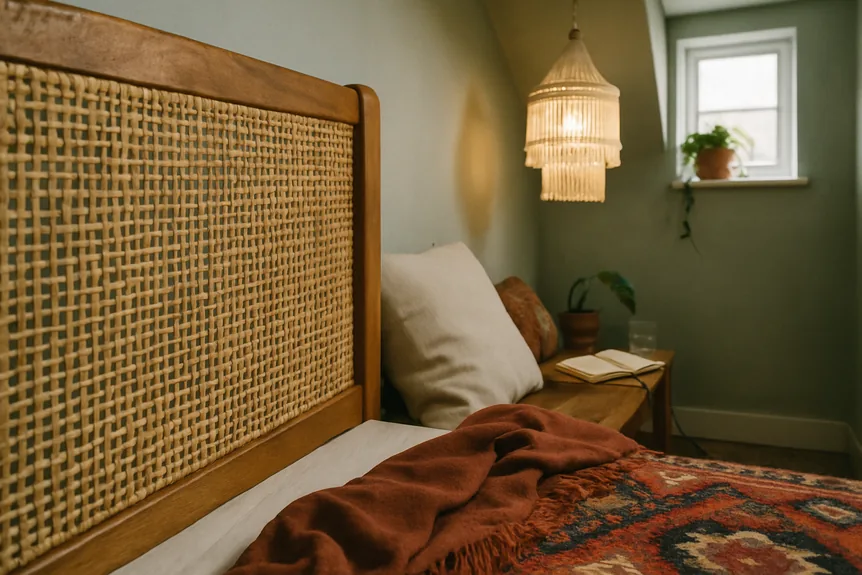 Close view of hand woven rattan with visible nodes on a bed headboard next to a solid mango wood rail