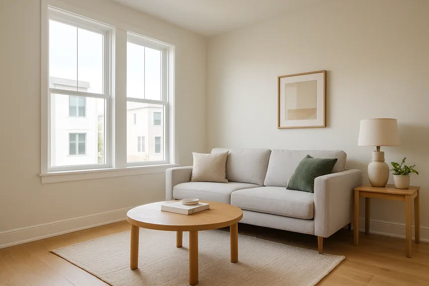 Compact light gray sofa and round oak coffee table in a small apartment living room with tall windows