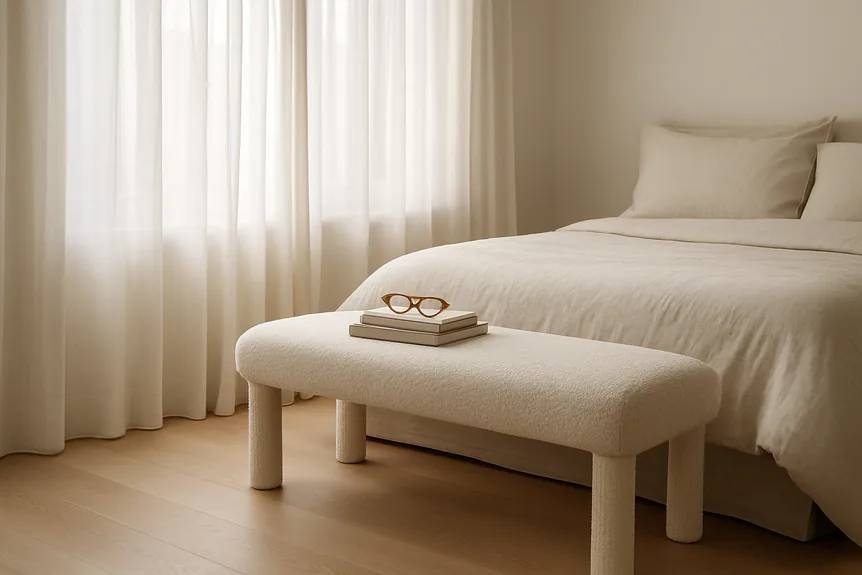 Floor length white linen sheer curtains diffusing morning light over a boucle bench at the foot of a bed