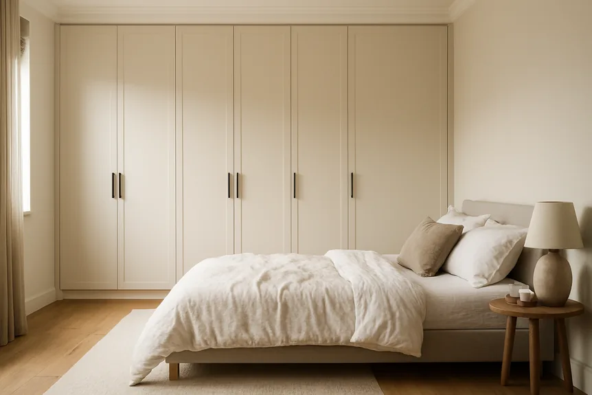 Floor to ceiling flat front wardrobes painted warm white beside a low bed in a modern master bedroom
