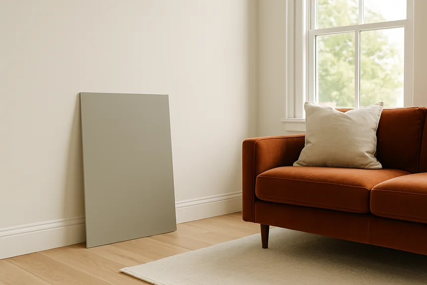 Painted sample board propped against a white oak floor near a rust velvet armchair in daylight