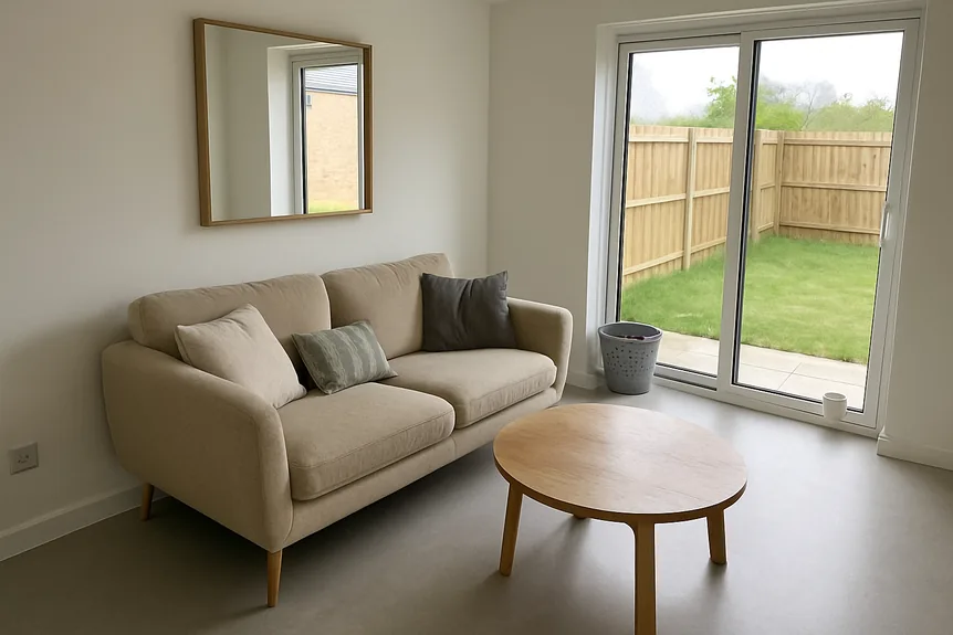 Small living room with a leggy sand colored loveseat, round oak coffee table and a large mirror opposite the window