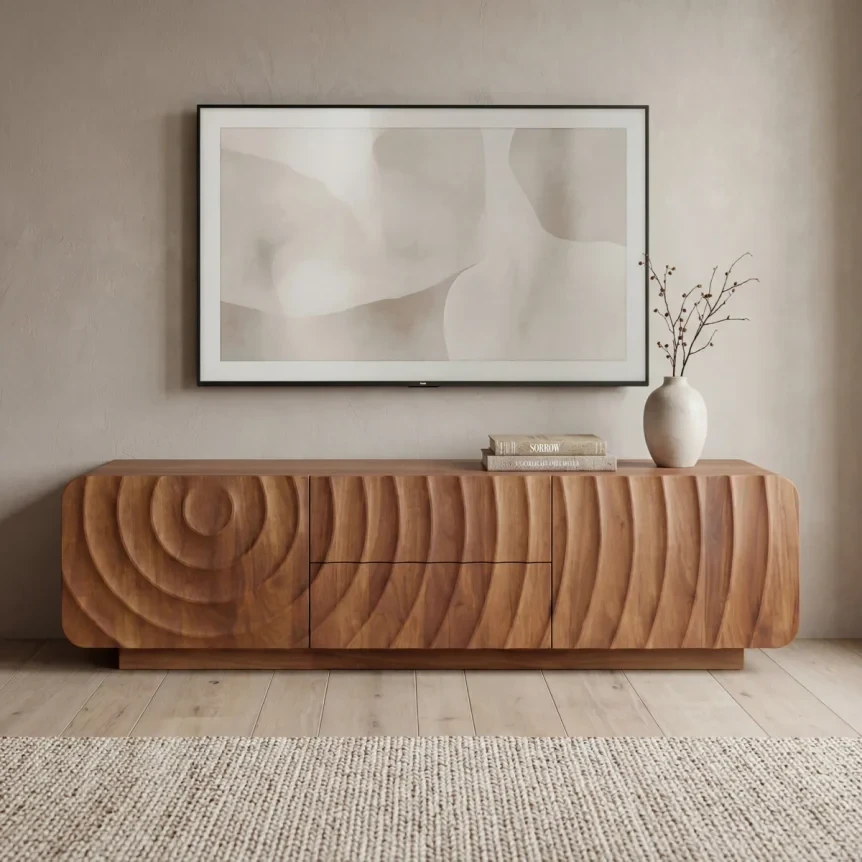 Carved wood media console with geometric pattern beneath abstract artwork in minimalist Japandi-style interior