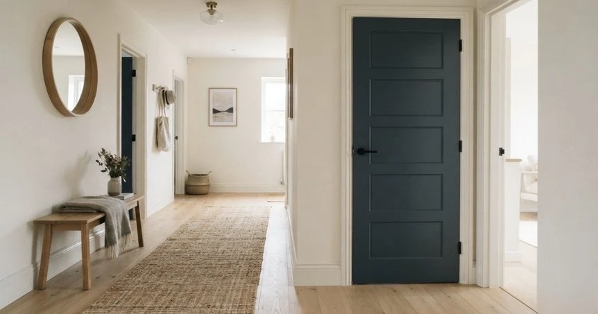 Minimalist Scandinavian hallway with dark gray door, natural wood console table, and neutral beige tones