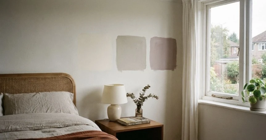 Minimalist Scandinavian bedroom with neutral paint colors, natural wood furniture, and soft natural lighting