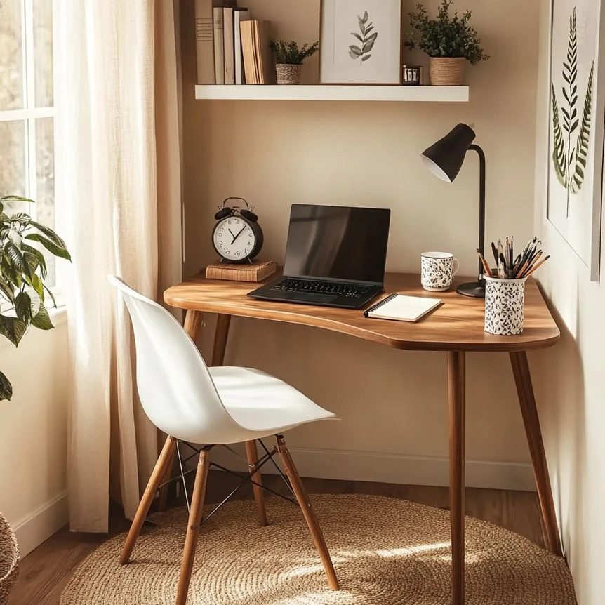 Minimalist Japandi home office with wooden desk, white chair, laptop, and natural light from window