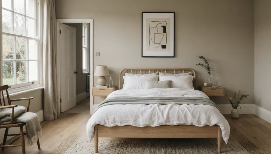 Serene Scandinavian bedroom with beige walls, natural wood bed frame, white bedding, and minimalist decor