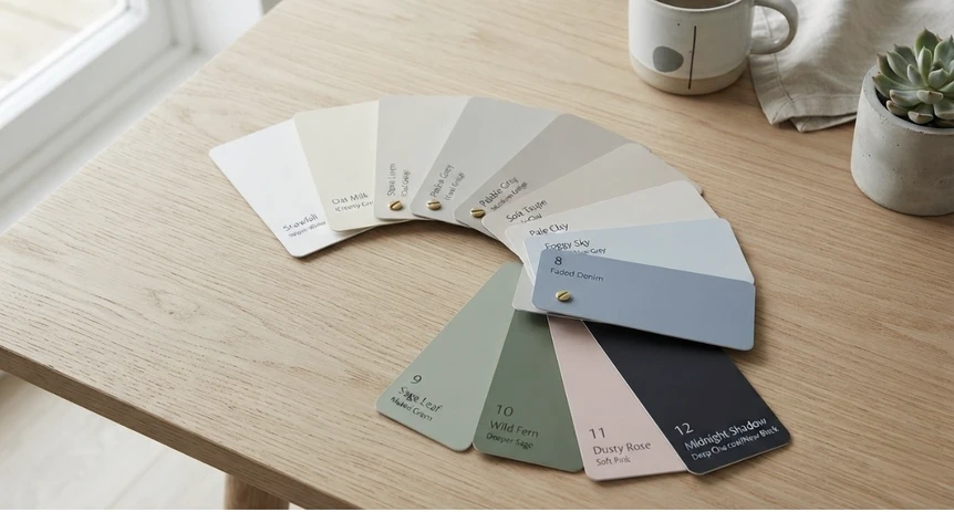 Scandinavian paint color swatches fanned out on wooden desk with coffee mug and plant