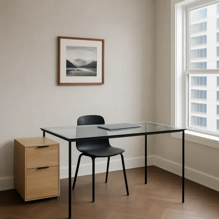 Glass top desk with black metal legs in minimalist home office, light wood drawer unit and neutral tones