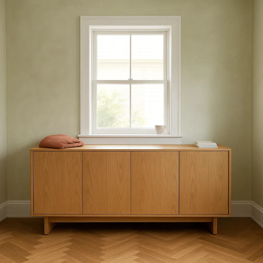 Light oak sideboard in minimalist living room with pale green walls and herringbone wood floor