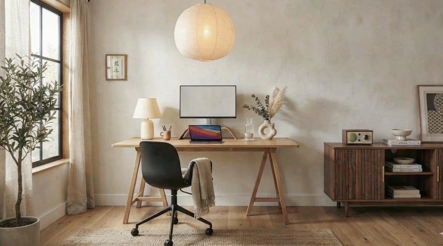 Minimalist Japandi home office with wooden desk, black ergonomic chair, and natural lighting from large window