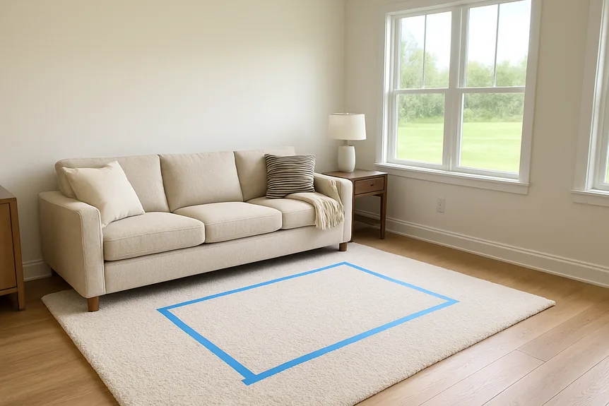 Living room ideas in progress, oatmeal sofa on a large wool rug with painter's tape marking a coffee table