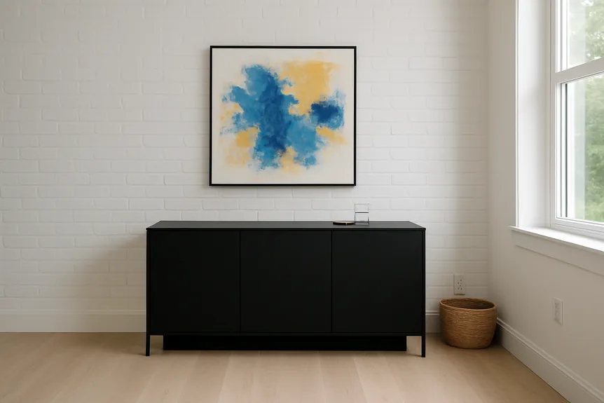 Black matte sideboard in minimalist office with white brick wall, light wood floor, and woven basket