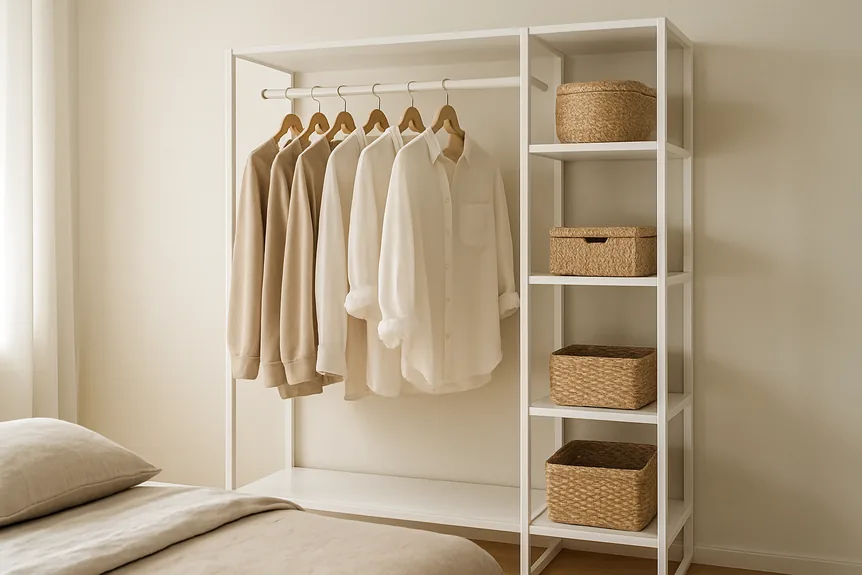 Minimalist open wardrobe in bedroom with wooden hangers, neutral cotton shirts, woven baskets, and white shelving unit