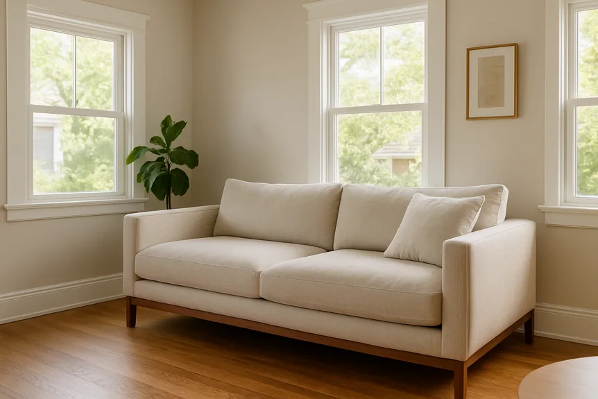 Deep seated sofa in flax linen with a walnut frame in a bright living room, afternoon light