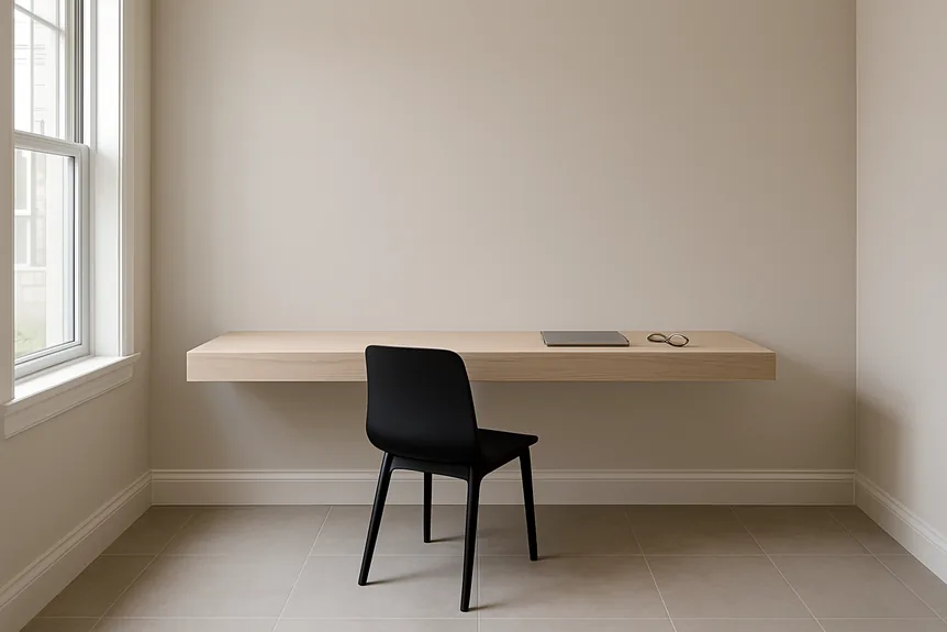 Floating light wood desk with black chair in minimalist home office with beige walls and tiled floor