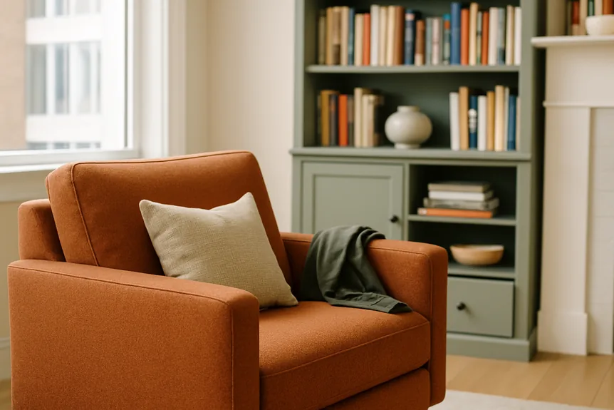 Warm white living room walls with a green gray built in bookcase and a rust wool armchair