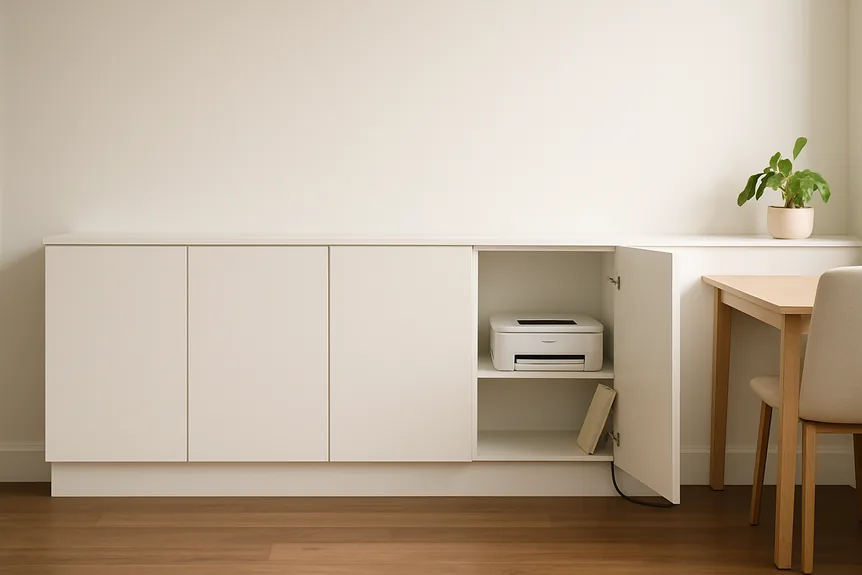 White minimalist storage cabinet with multiple doors in modern office, wood floor and beige walls with plant and desk