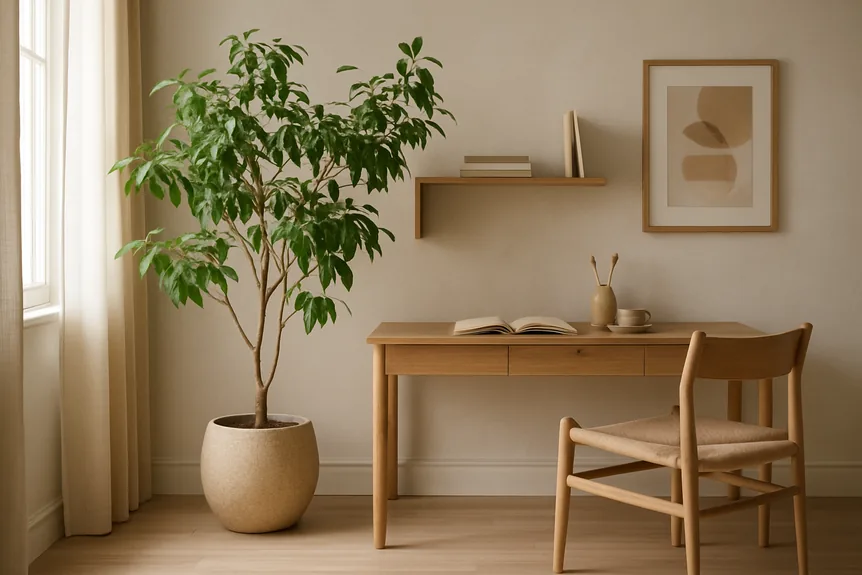 Small leafy tree in a stone planter beside a slim oak desk with a woven seat chair and one framed print