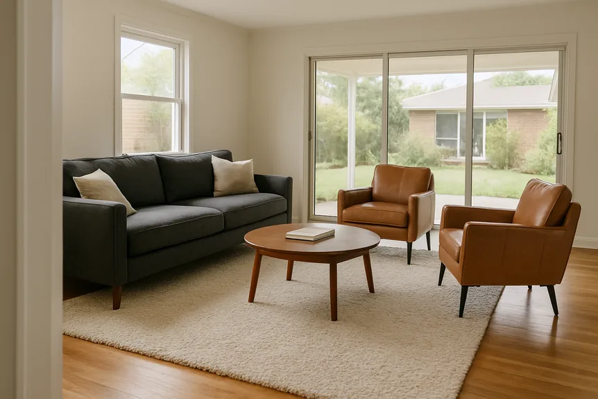 Oversized oatmeal wool rug under a charcoal sofa and two leather chairs, bare oak floor showing at the walls