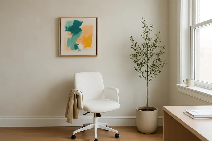 White swivel armchair in minimalist home office with beige textured walls, natural fiber rug, and potted olive tree