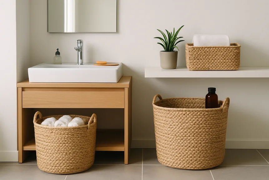 Storage baskets in bathroom, vanity, and shelf settings displaying minimalist home organization solutions