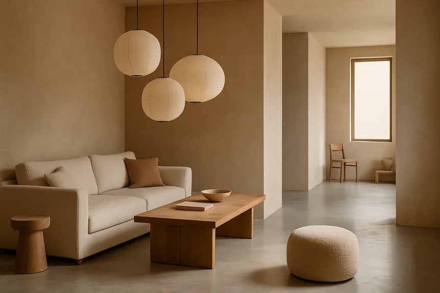 Warm minimalism living room with pendant lights and beige tones next to modern minimalism space with concrete floors