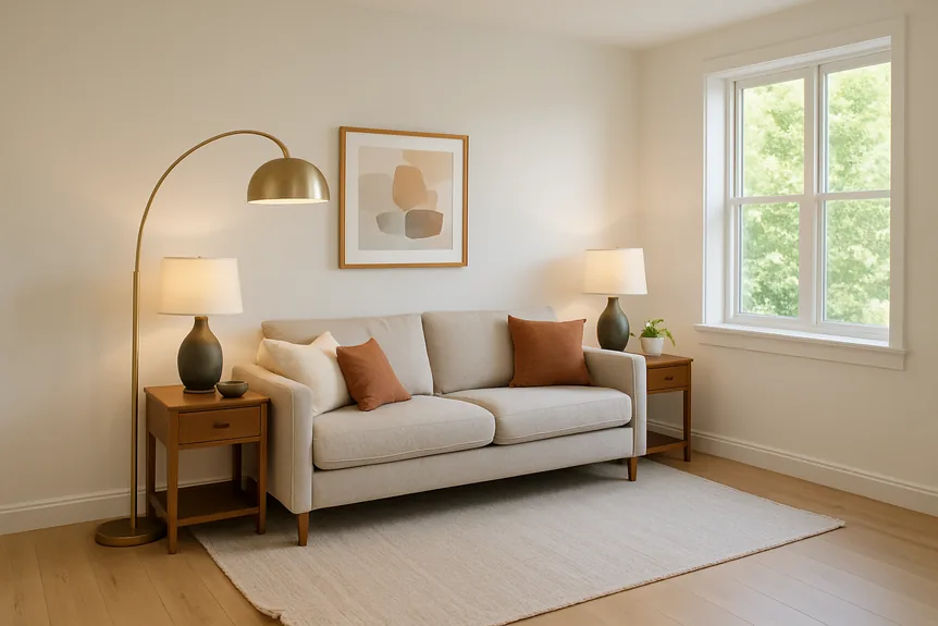 Brass arc floor lamp and two linen shaded table lamps lighting a living room at dusk, no ceiling fixture
