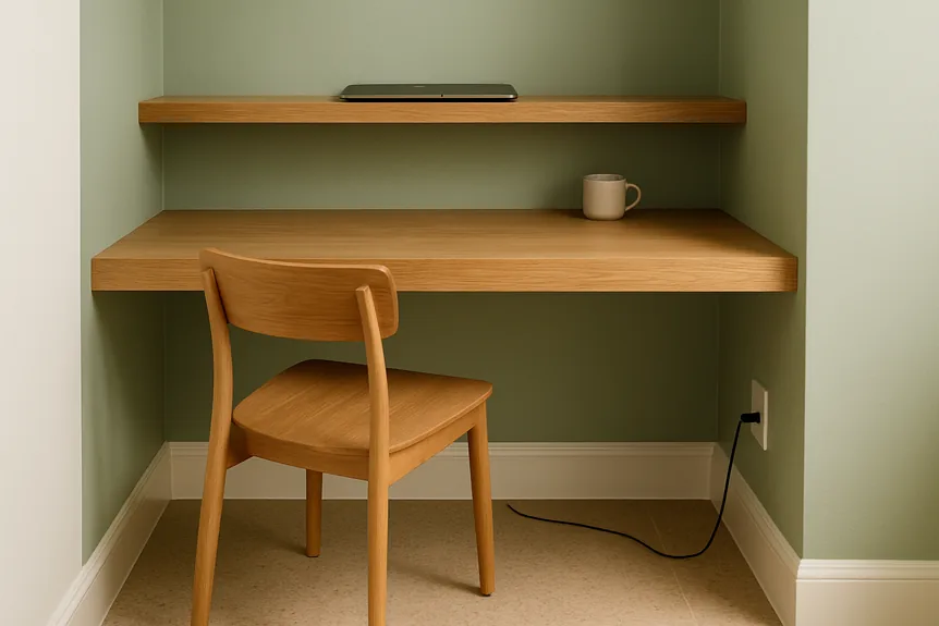 Floating oak desk and chair in a small minimalist office nook with sage green walls and beige flooring